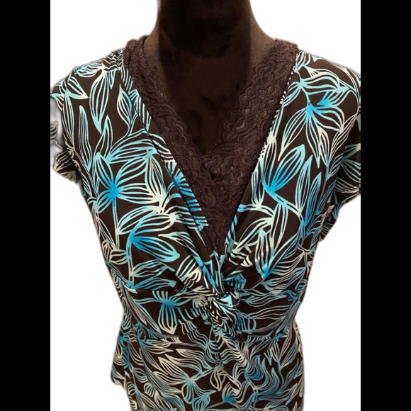 Notations Blouse Womens Plus Size XL Top  Short Sleeve w/ Lacey V Neck - Picture 2 of 8